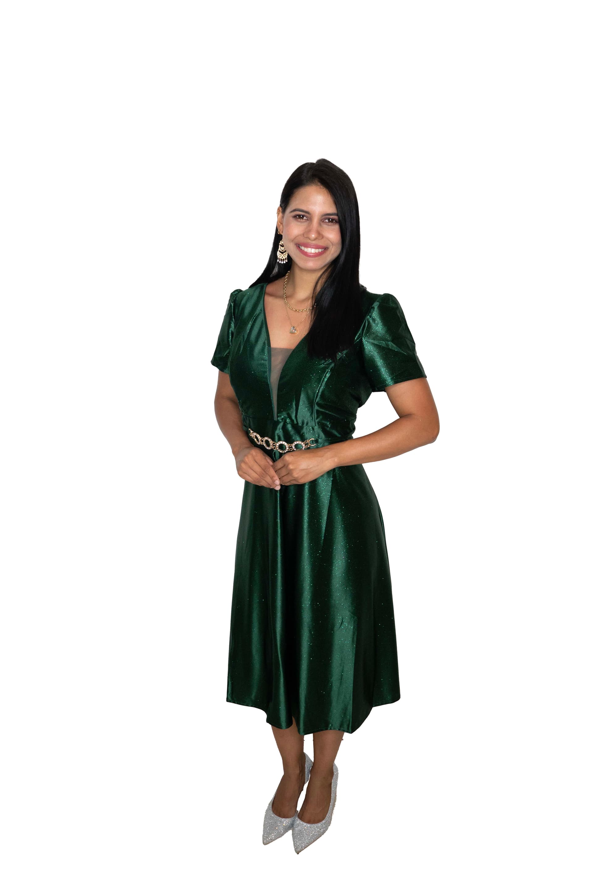Vestido verde esmeralda satinado con brillo sutil