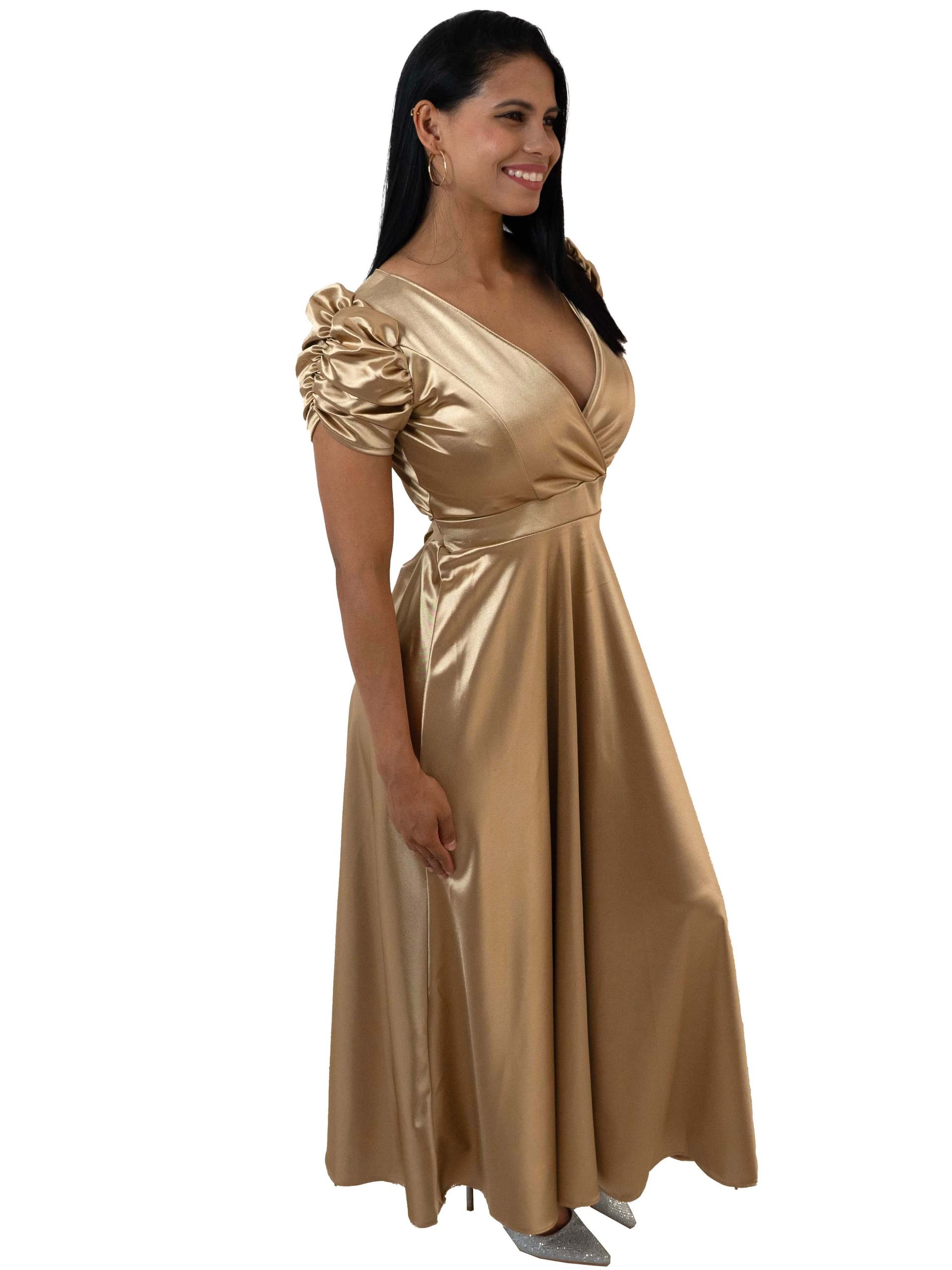 Vestido Largo de Satén con Mangas Fruncidas – Dorado
