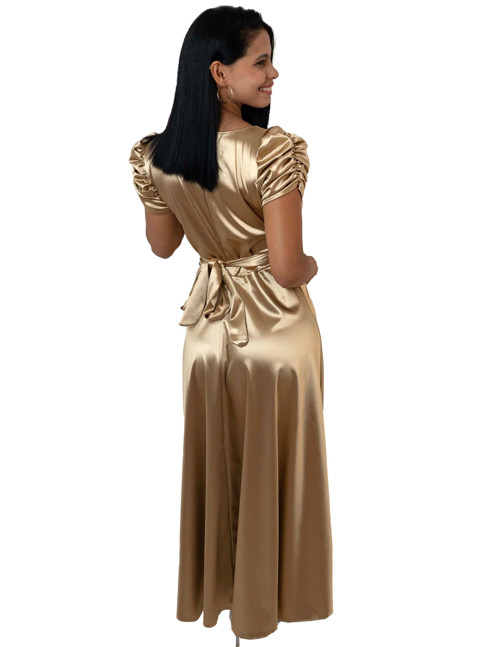 Vestido Largo de Satén con Mangas Fruncidas – Dorado