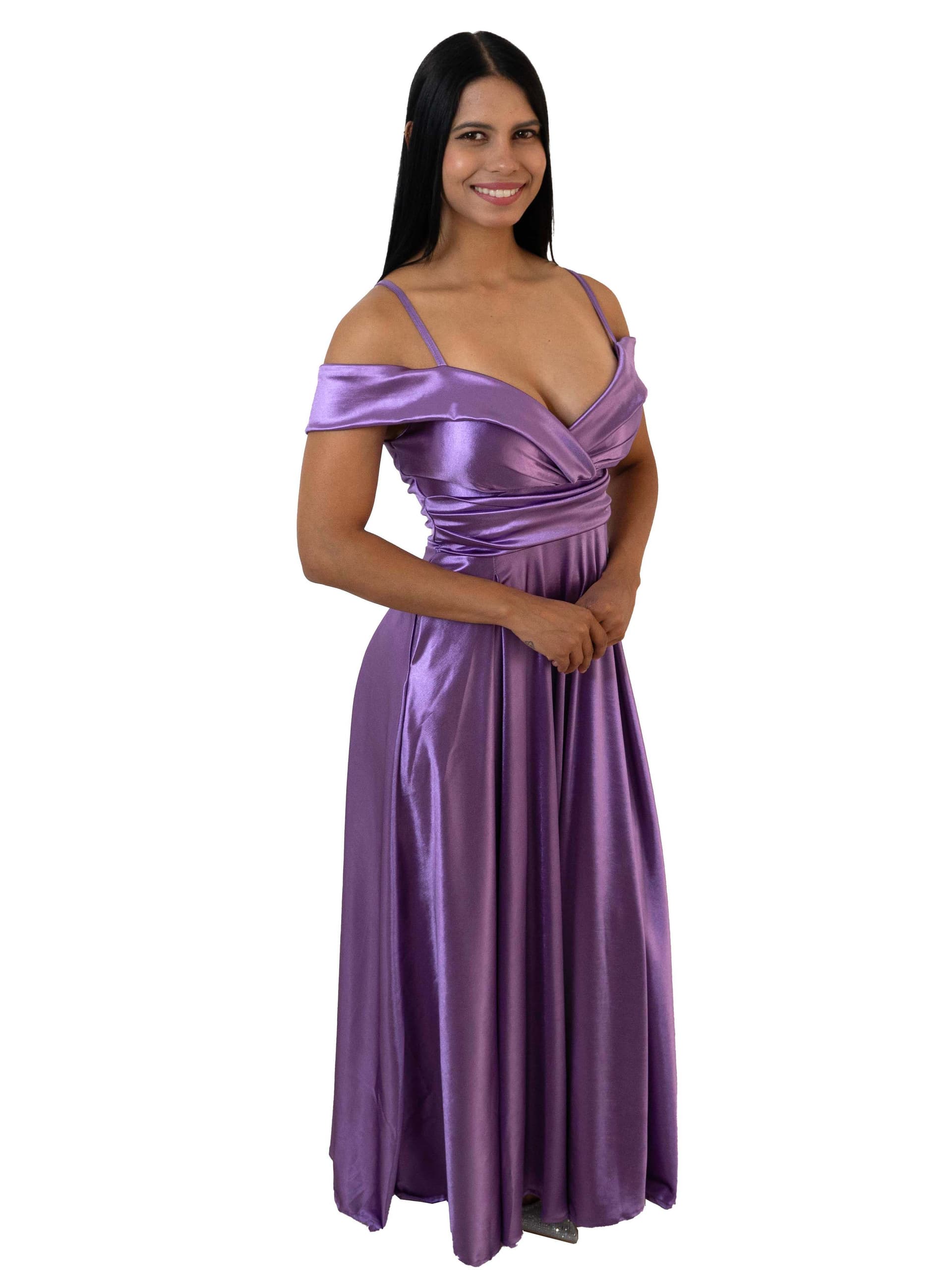 Vestido Largo de Satén con Escote Cruzado y Espalda Ajustable – Lila