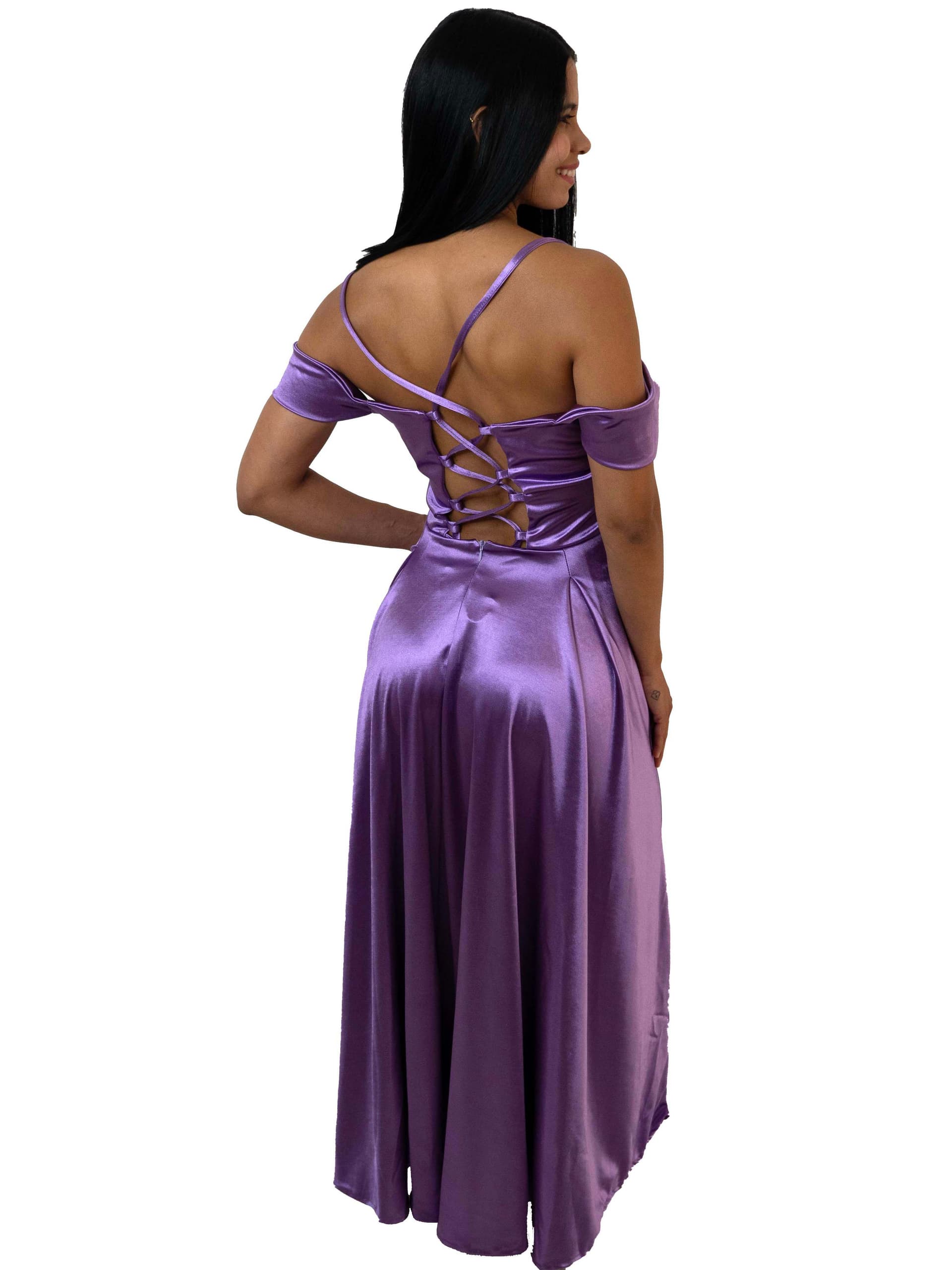 Vestido Largo de Satén con Escote Cruzado y Espalda Ajustable – Lila