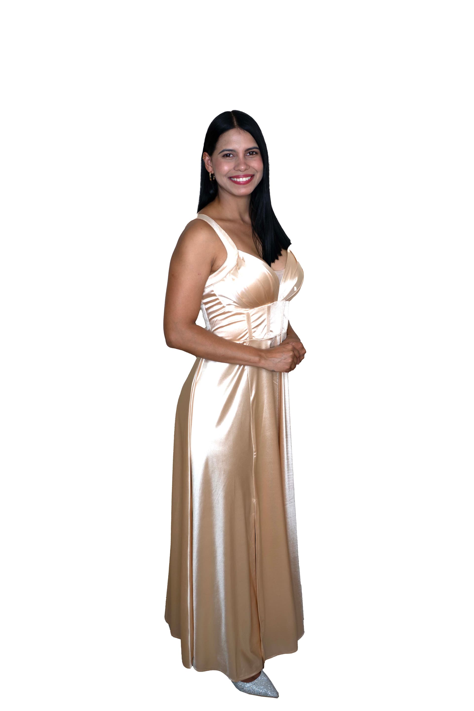Vestido Satín Champagne Largo – Glamour y Sofisticación