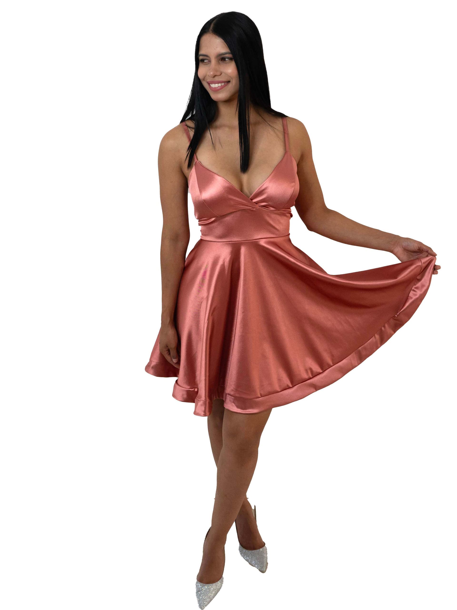 Vestido Corto de Satén con Espalda Cruzada – Rosa