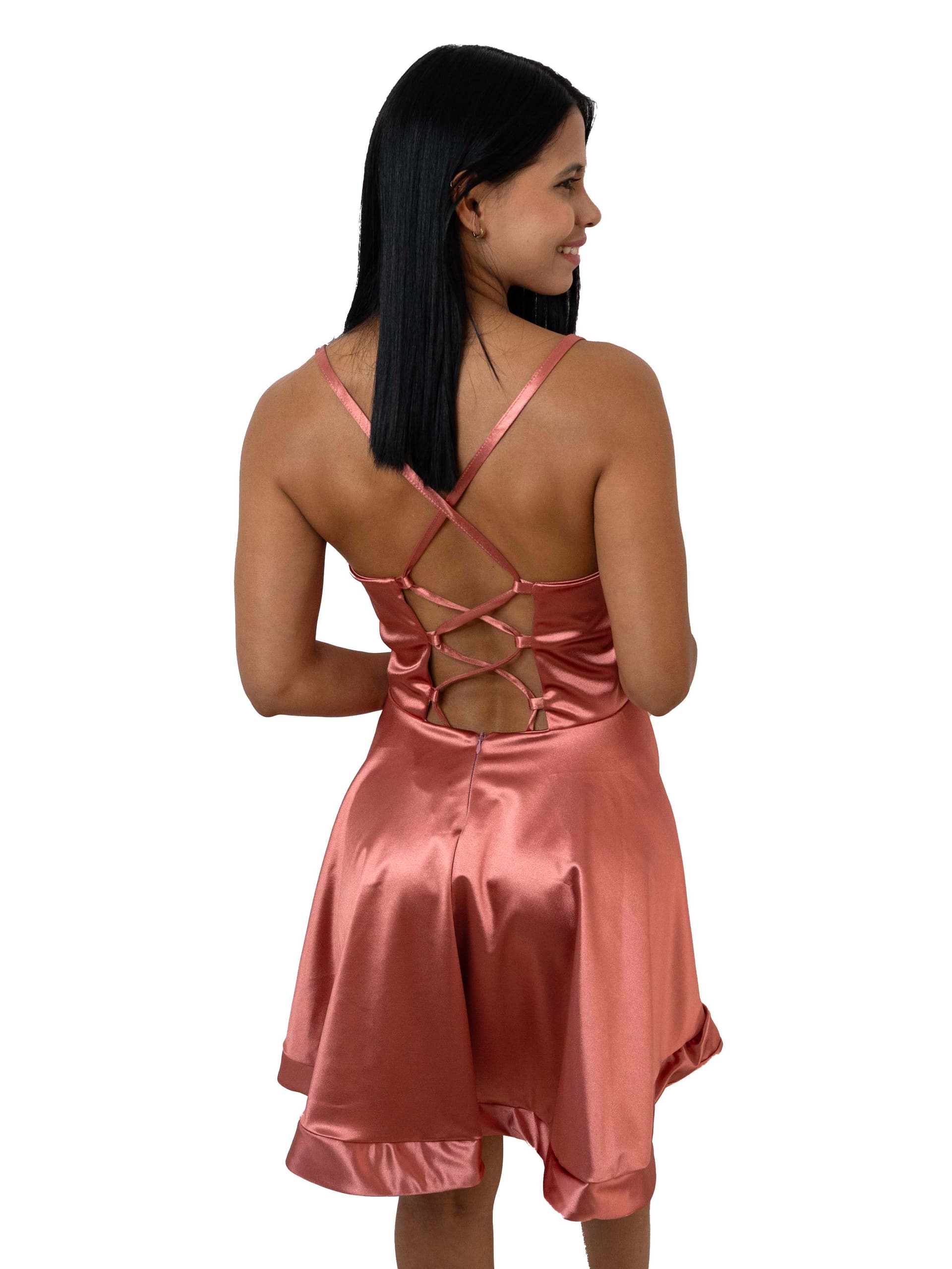 Vestido Corto de Satén con Espalda Cruzada – Rosa