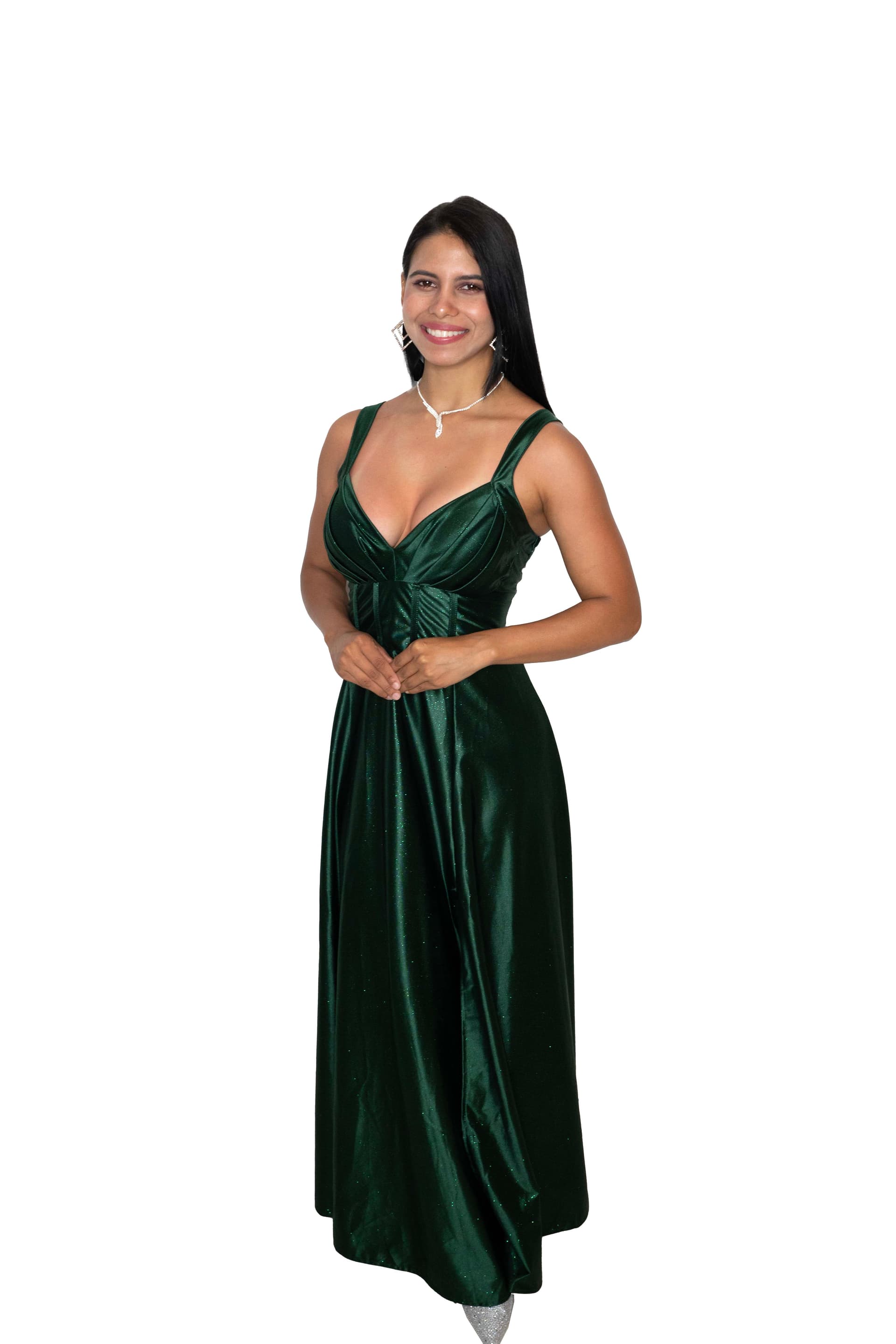 Vestido largo verde esmeralda con brillo elegante