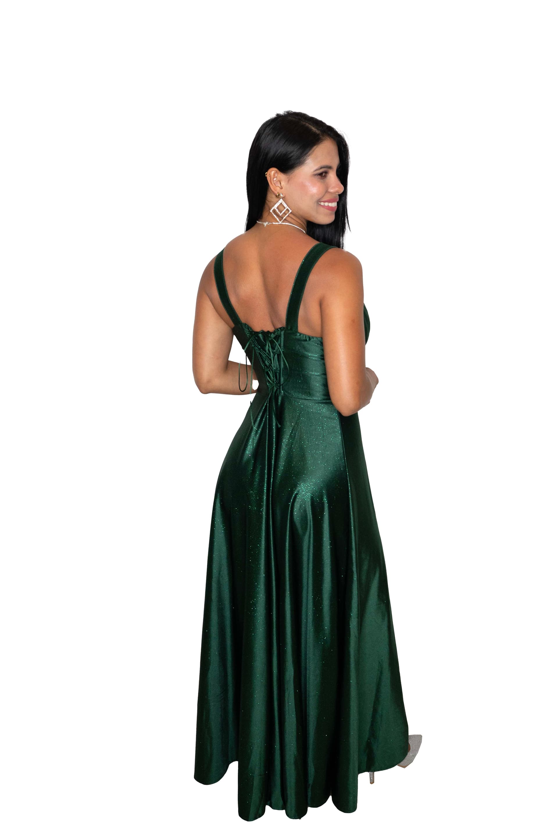 Vestido largo verde esmeralda con brillo elegante