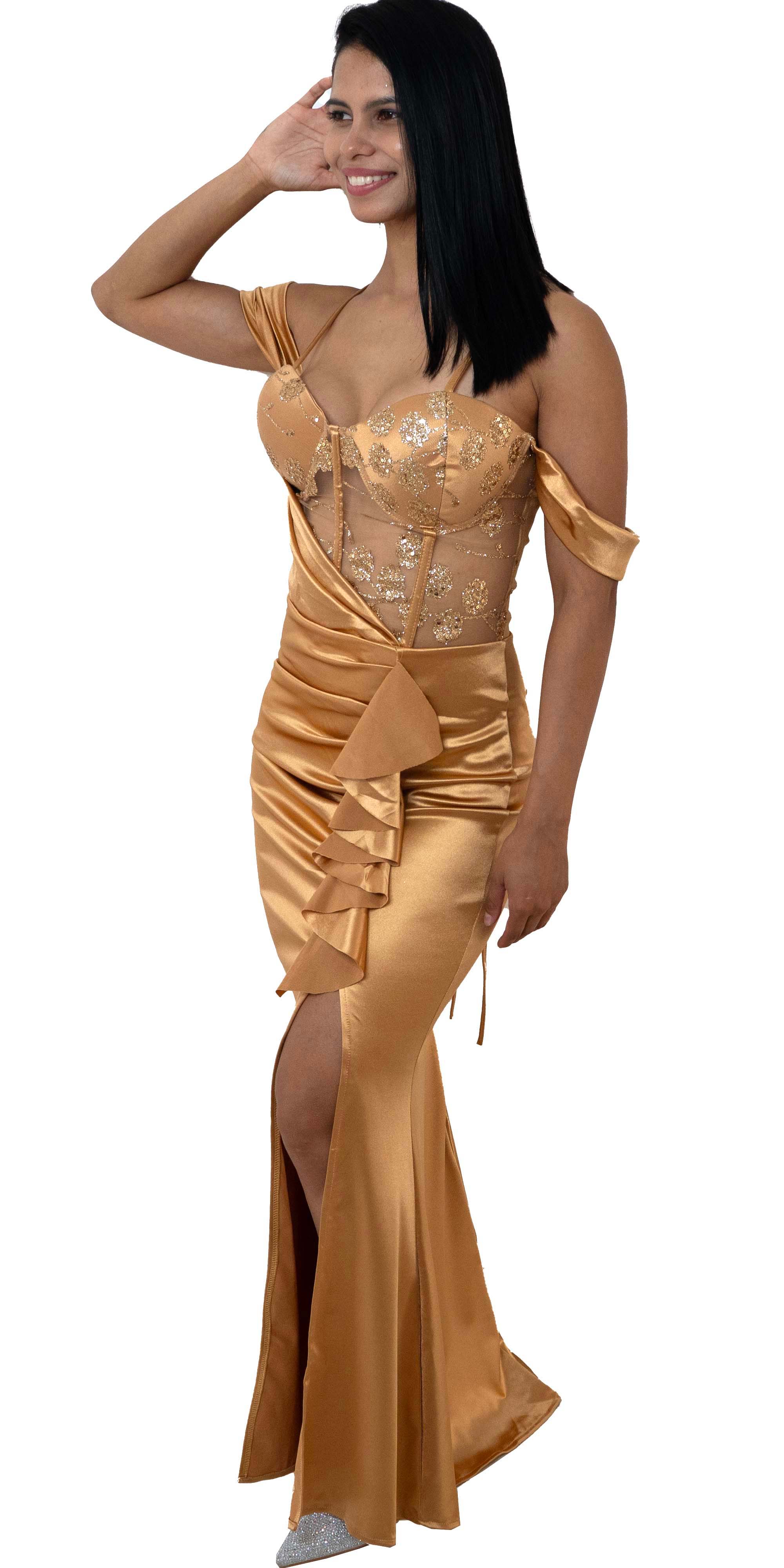 Vestido Largo de Satén con Corset Bordado y Espalda Ajustable – Dorado