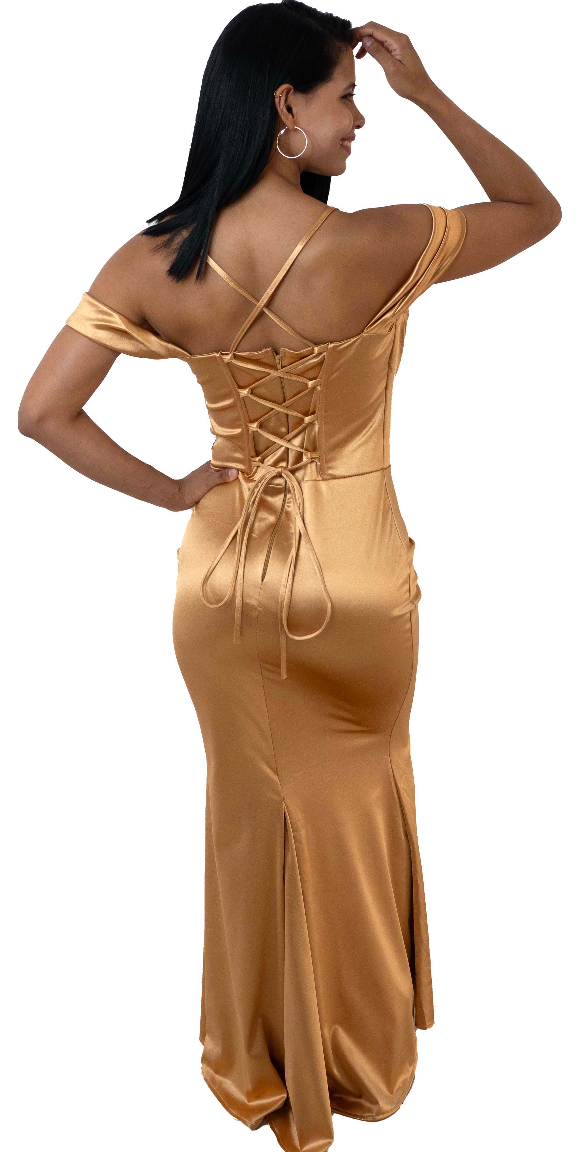Vestido Largo de Satén con Corset Bordado y Espalda Ajustable – Dorado
